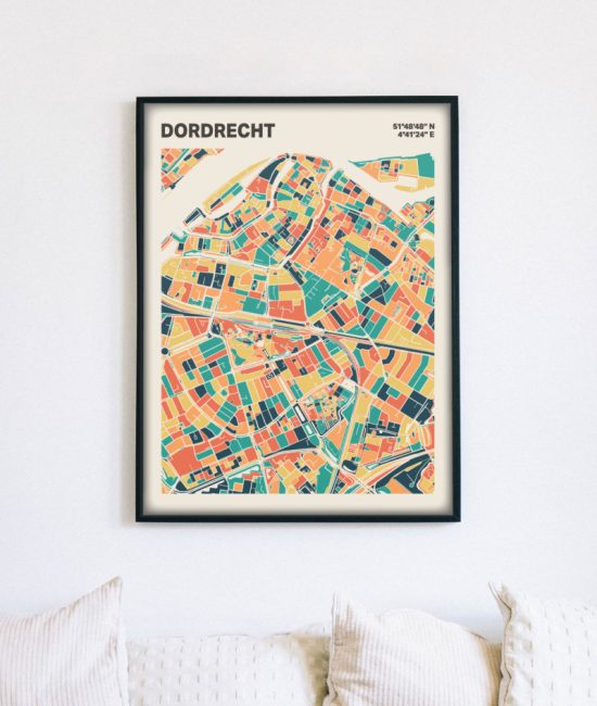 Plattegrond poster Licht Dordrecht mozaiek stl 01 mockup lijst muur bank 02 | Funky Fellow