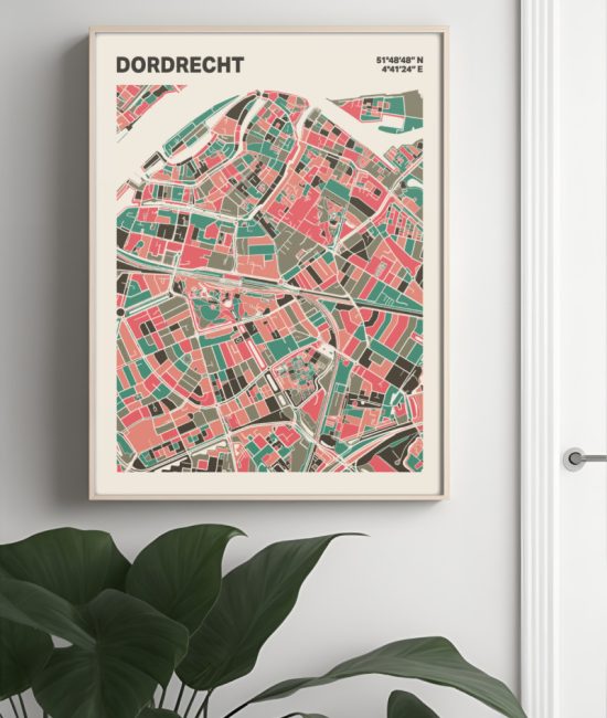 Plattegrond poster Licht Dordrecht mozaiek stl 02 Mockup muur plant lijst 04 | Funky Fellow