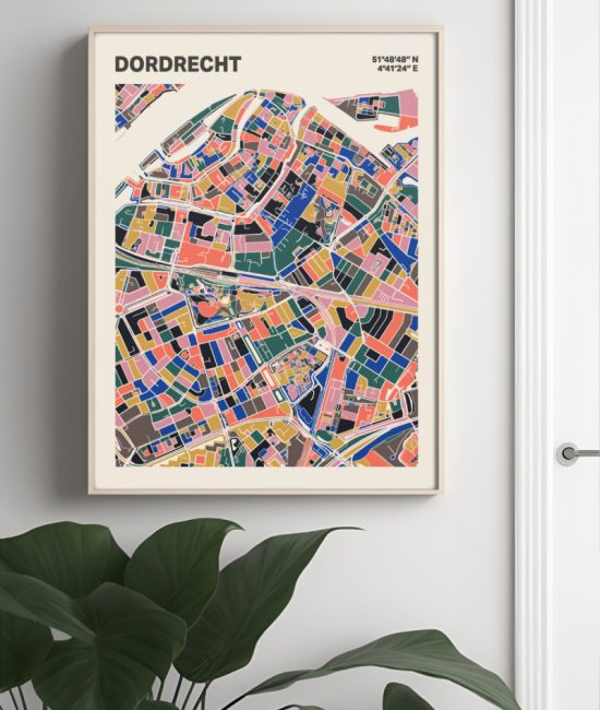 Plattegrond poster Licht Dordrecht mozaiek stl 05 Mockup muur plant lijst 04 | Funky Fellow
