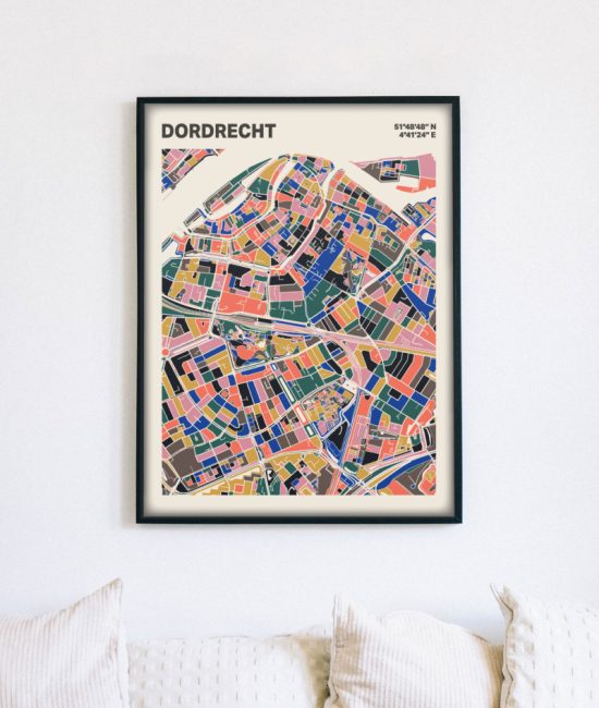 Plattegrond poster Licht Dordrecht mozaiek stl 05 mockup lijst muur bank 02 | Funky Fellow