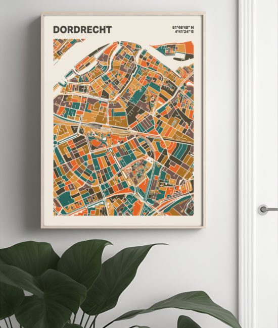 Plattegrond poster Licht Dordrecht mozaiek stl 06 Mockup muur plant lijst 04 | Funky Fellow