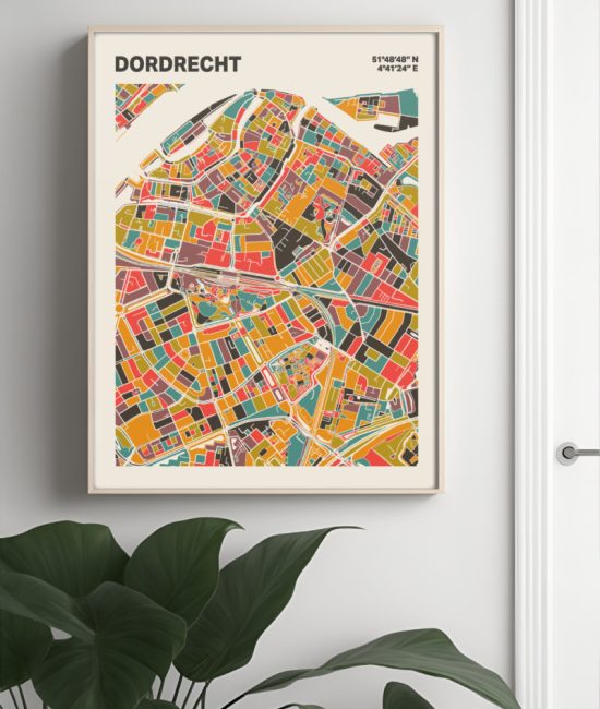 Plattegrond poster Licht Dordrecht mozaiek stl 07 Mockup muur plant lijst 04 | Funky Fellow