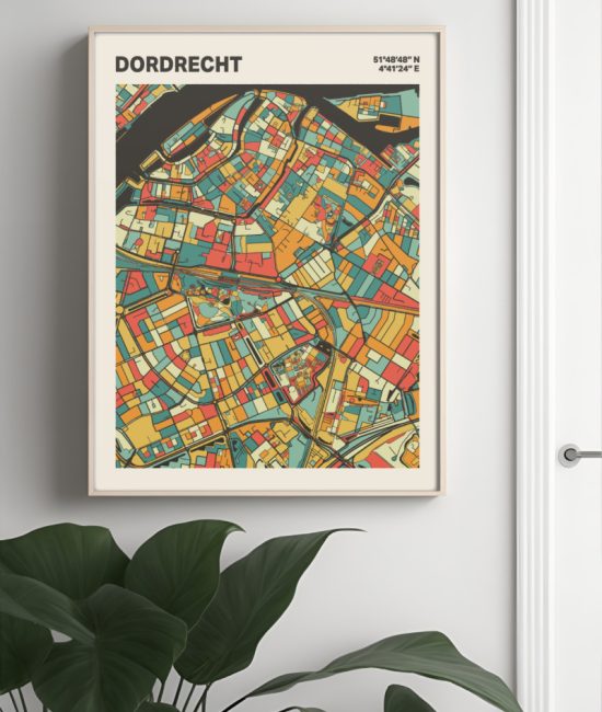 Plattegrond poster Licht Dordrecht mozaiek stl 08 Mockup muur plant lijst 04 | Funky Fellow