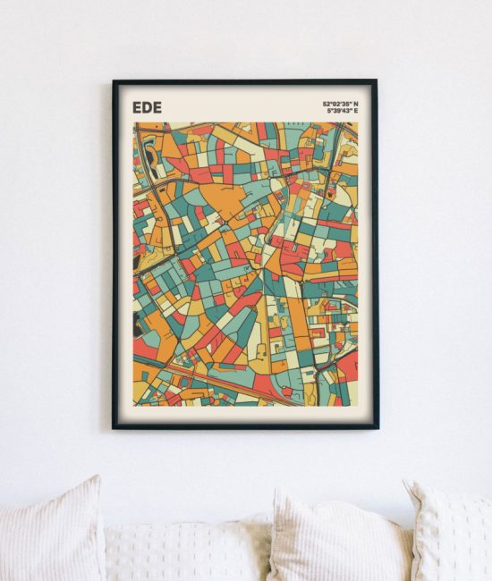 Plattegrond poster Licht Ede mozaiek stl 08 mockup lijst muur bank 02 | Funky Fellow
