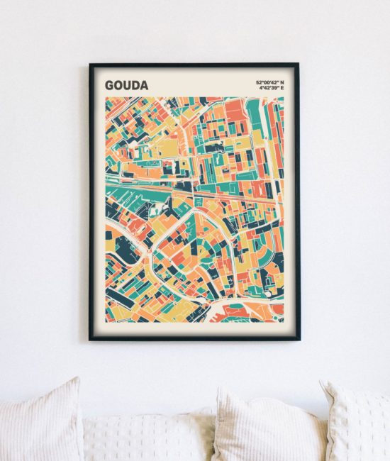 Plattegrond poster Licht Gouda mozaiek stl 01 mockup lijst muur bank 02 | Funky Fellow