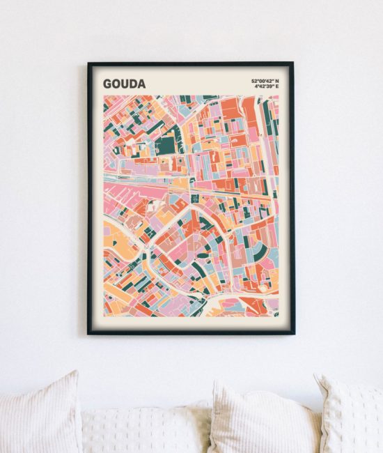 Plattegrond poster Licht Gouda mozaiek stl 04 mockup lijst muur bank 02 | Funky Fellow