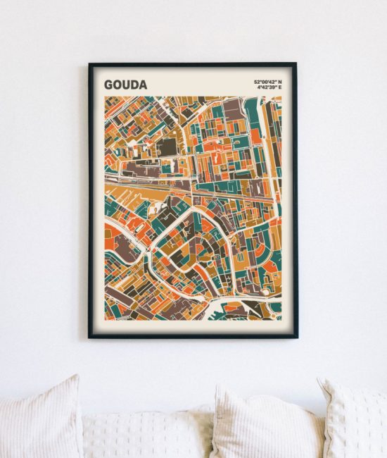 Plattegrond poster Licht Gouda mozaiek stl 06 mockup lijst muur bank 02 | Funky Fellow