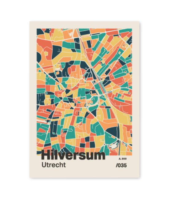 Plattegrond poster Licht Hilversum mozaiek stl 01 mockup A6 schaduw voorkant | Funky Fellow