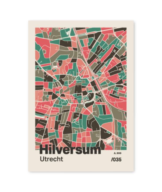 Plattegrond poster Licht Hilversum mozaiek stl 02 mockup A6 schaduw voorkant | Funky Fellow