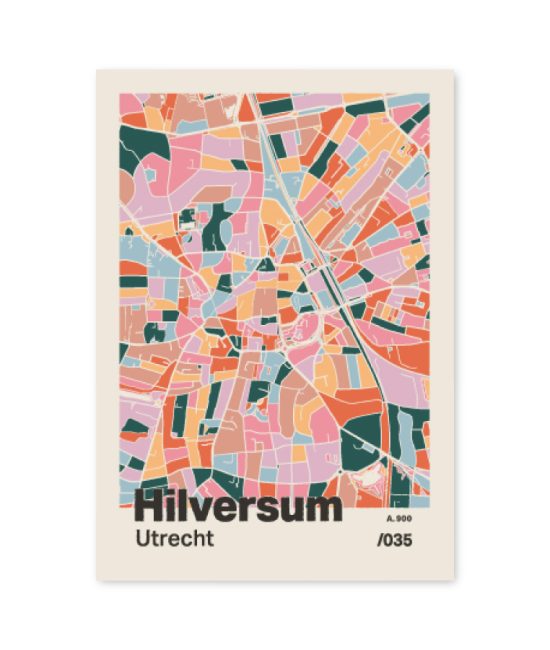 Plattegrond poster Licht Hilversum mozaiek stl 04 mockup A6 schaduw voorkant | Funky Fellow
