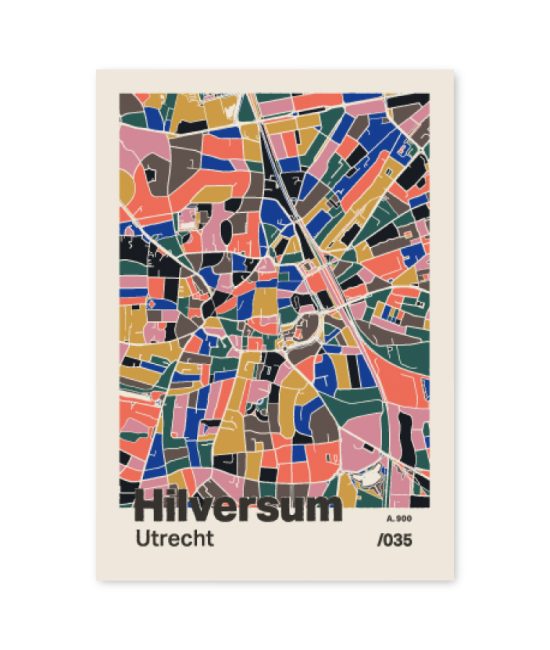 Plattegrond poster Licht Hilversum mozaiek stl 05 mockup A6 schaduw voorkant | Funky Fellow