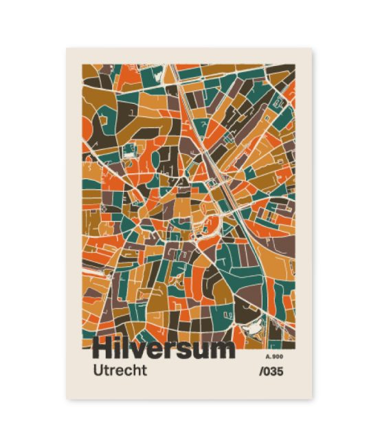 Plattegrond poster Licht Hilversum mozaiek stl 06 mockup A6 schaduw voorkant | Funky Fellow