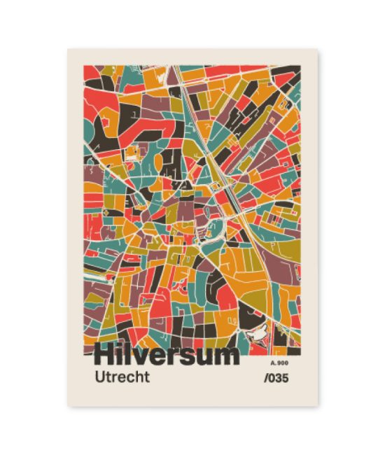 Plattegrond poster Licht Hilversum mozaiek stl 07 mockup A6 schaduw voorkant | Funky Fellow