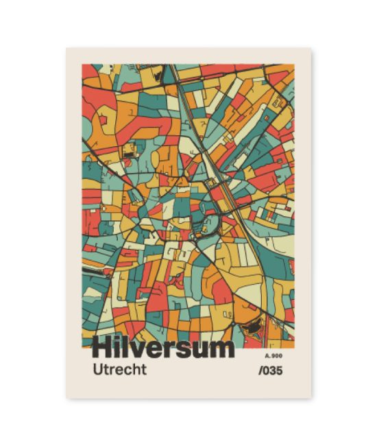 Plattegrond poster Licht Hilversum mozaiek stl 08 mockup A6 schaduw voorkant | Funky Fellow