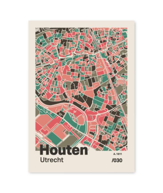 Plattegrond poster Licht Houten mozaiek stl 02 mockup A6 schaduw voorkant | Funky Fellow