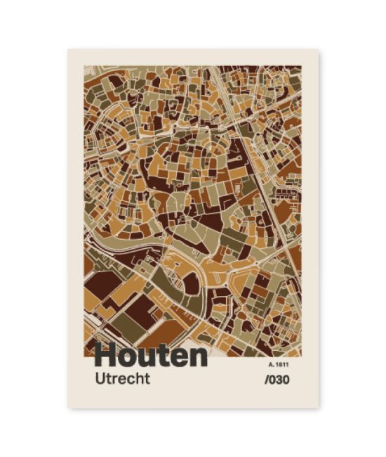 Plattegrond poster Licht Houten mozaiek stl 03 mockup A6 schaduw voorkant | Funky Fellow