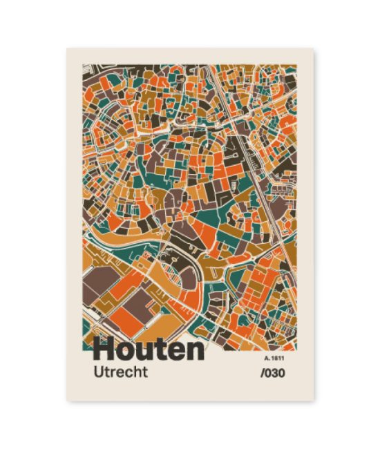 Plattegrond poster Licht Houten mozaiek stl 06 mockup A6 schaduw voorkant | Funky Fellow