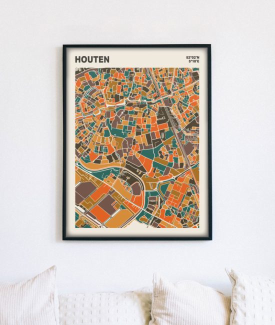 Plattegrond poster Licht Houten mozaiek stl 06 mockup lijst muur bank 02 | Funky Fellow