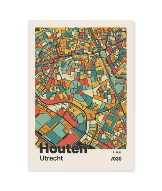 Plattegrond poster Licht Houten mozaiek stl 08 mockup A6 schaduw voorkant | Funky Fellow