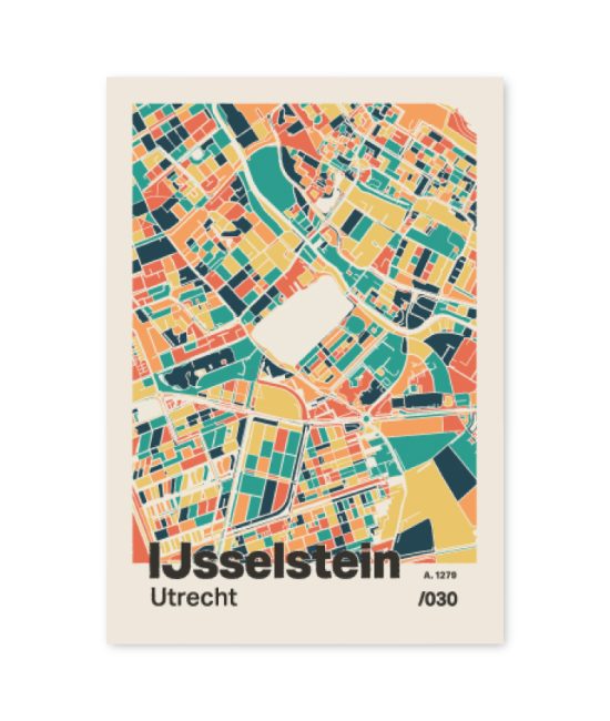 Plattegrond poster Licht IJsselstein mozaiek stl 01 mockup A6 schaduw voorkant | Funky Fellow