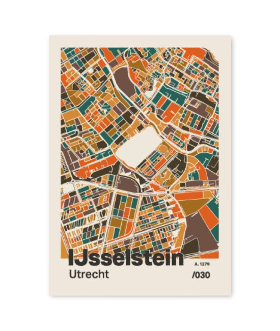 Plattegrond poster Licht IJsselstein mozaiek stl 06 mockup A6 schaduw voorkant | Funky Fellow
