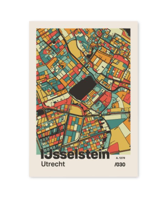 Plattegrond poster Licht IJsselstein mozaiek stl 08 mockup A6 schaduw voorkant | Funky Fellow