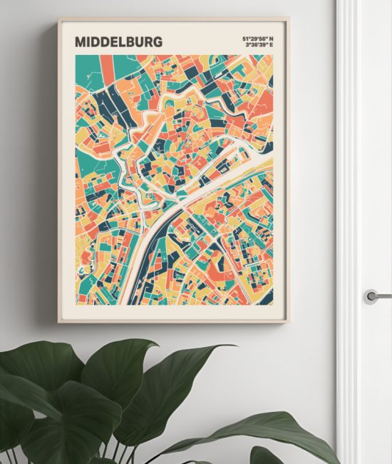 Plattegrond poster Licht Middelburg mozaiek stl 01 Mockup muur plant lijst 04 | Funky Fellow