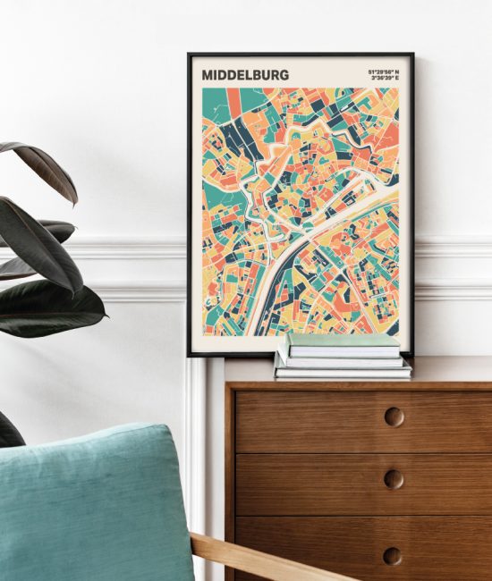 Plattegrond poster Licht Middelburg mozaiek stl 01 Mockup stoel kast lijst 03 | Funky Fellow