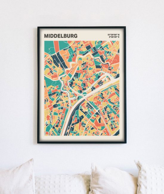 Plattegrond poster Licht Middelburg mozaiek stl 01 mockup lijst muur bank 02 | Funky Fellow