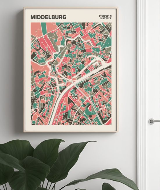 Plattegrond poster Licht Middelburg mozaiek stl 02 Mockup muur plant lijst 04 | Funky Fellow