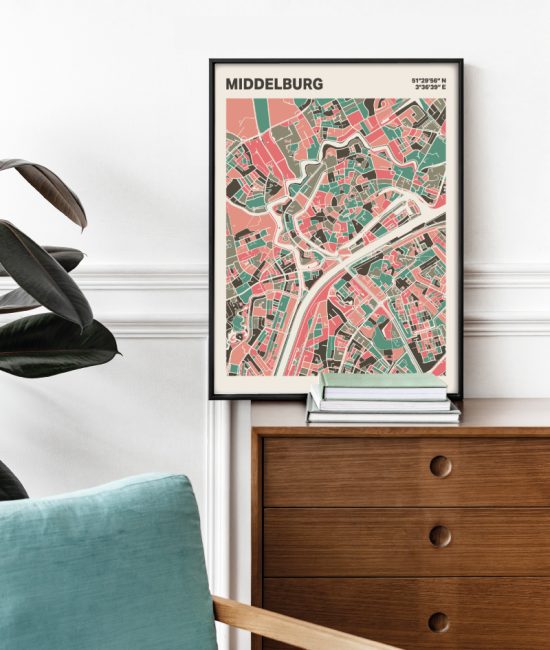Plattegrond poster Licht Middelburg mozaiek stl 02 Mockup stoel kast lijst 03 | Funky Fellow