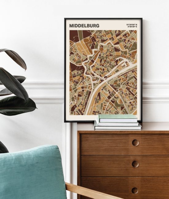 Plattegrond poster Licht Middelburg mozaiek stl 03 Mockup stoel kast lijst 03 | Funky Fellow
