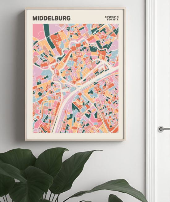 Plattegrond poster Licht Middelburg mozaiek stl 04 Mockup muur plant lijst 04 | Funky Fellow