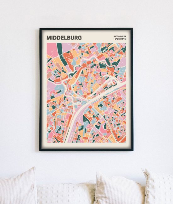Plattegrond poster Licht Middelburg mozaiek stl 04 mockup lijst muur bank 02 | Funky Fellow