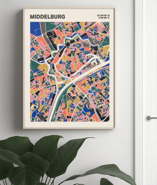 Plattegrond poster Licht Middelburg mozaiek stl 05 Mockup muur plant lijst 04 | Funky Fellow