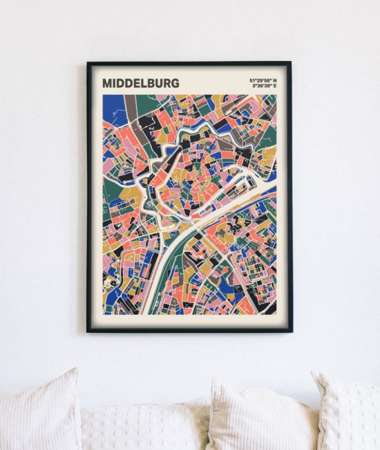 Plattegrond poster Licht Middelburg mozaiek stl 05 mockup lijst muur bank 02 | Funky Fellow