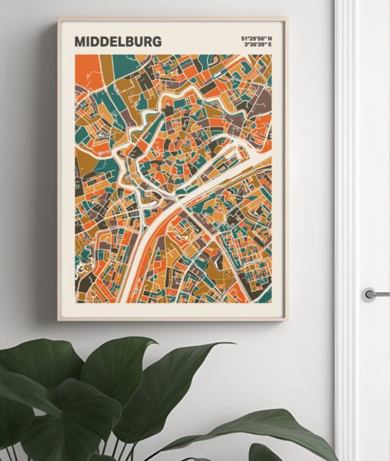 Plattegrond poster Licht Middelburg mozaiek stl 06 Mockup muur plant lijst 04 | Funky Fellow