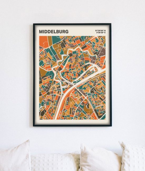 Plattegrond poster Licht Middelburg mozaiek stl 06 mockup lijst muur bank 02 | Funky Fellow