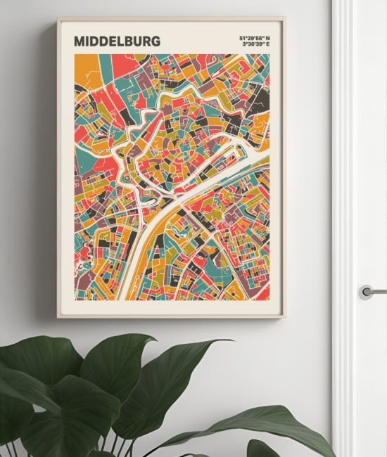 Plattegrond poster Licht Middelburg mozaiek stl 07 Mockup muur plant lijst 04 | Funky Fellow