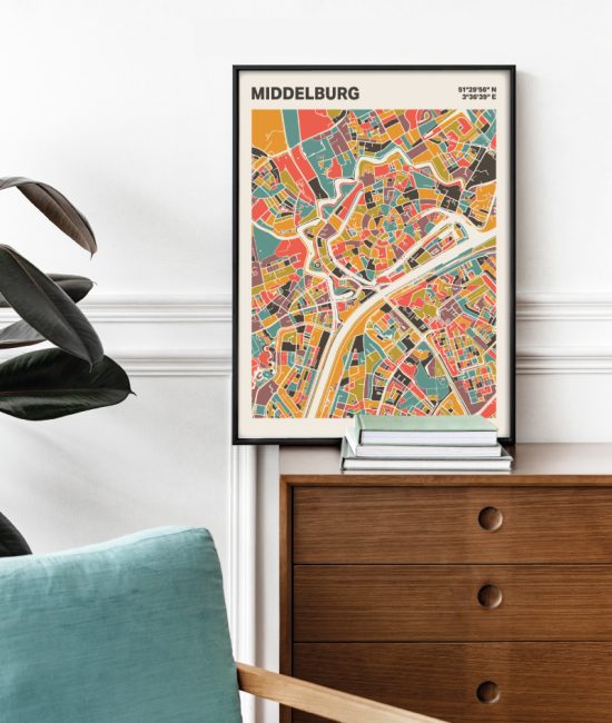 Plattegrond poster Licht Middelburg mozaiek stl 07 Mockup stoel kast lijst 03 | Funky Fellow