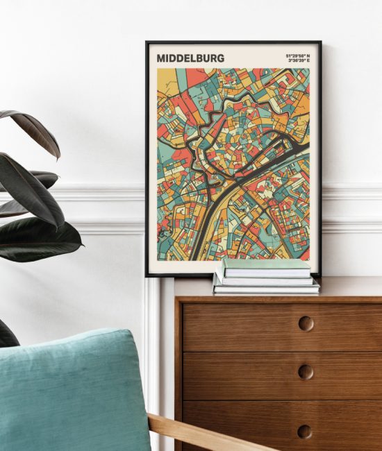 Plattegrond poster Licht Middelburg mozaiek stl 08 Mockup stoel kast lijst 03 | Funky Fellow