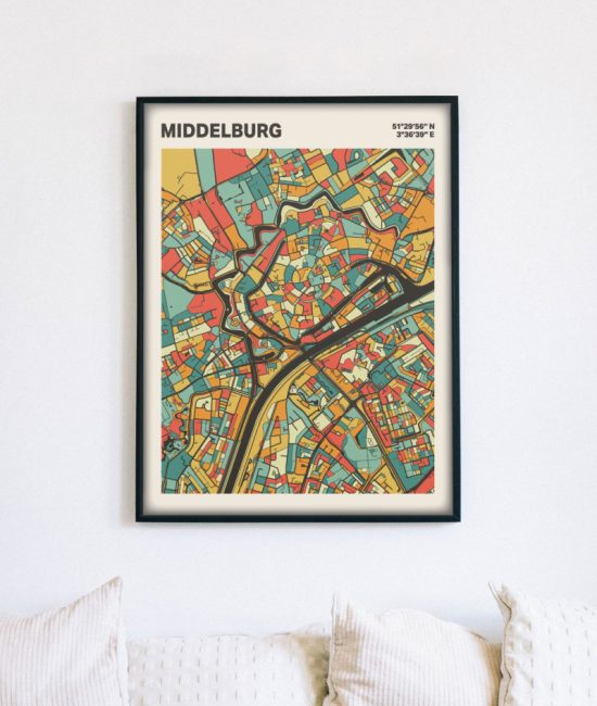 Plattegrond poster Licht Middelburg mozaiek stl 08 mockup lijst muur bank 02 | Funky Fellow