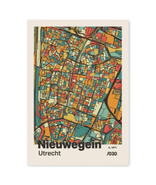 Plattegrond poster Licht Nieuwegein mozaiek stl 08 mockup A6 schaduw voorkant | Funky Fellow