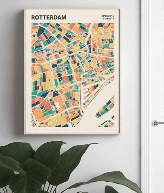 Plattegrond poster Licht Rotterdam mozaiek stl 01 Mockup muur plant lijst 04 | Funky Fellow