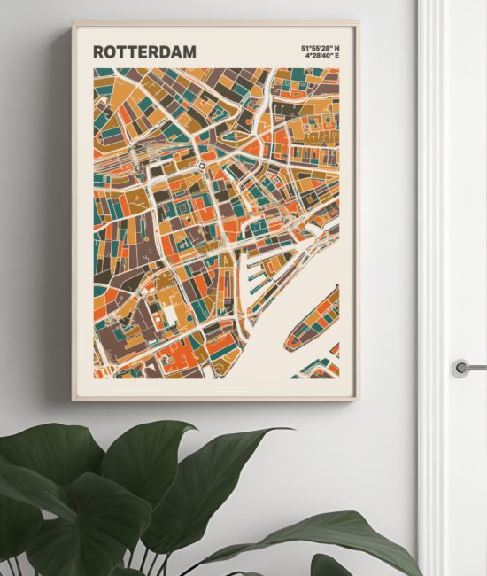 Plattegrond poster Licht Rotterdam mozaiek stl 06 Mockup muur plant lijst 04 | Funky Fellow