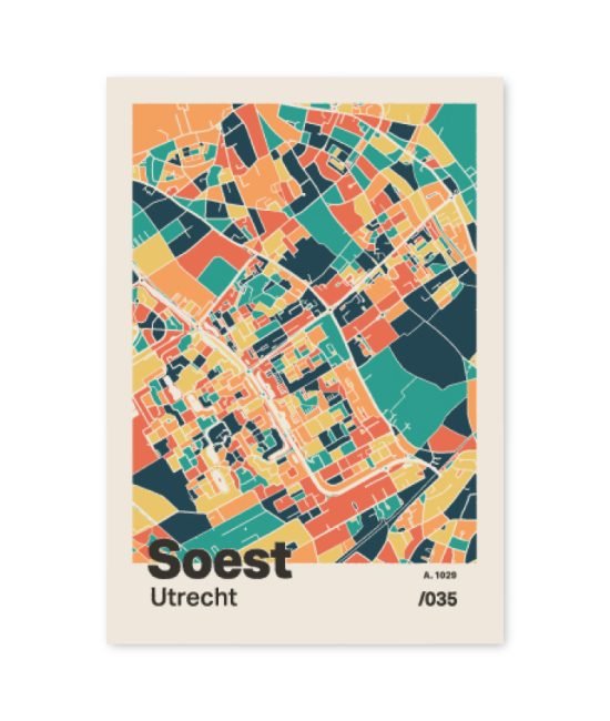 Plattegrond poster Licht Soest mozaiek stl 01 mockup A6 schaduw voorkant | Funky Fellow