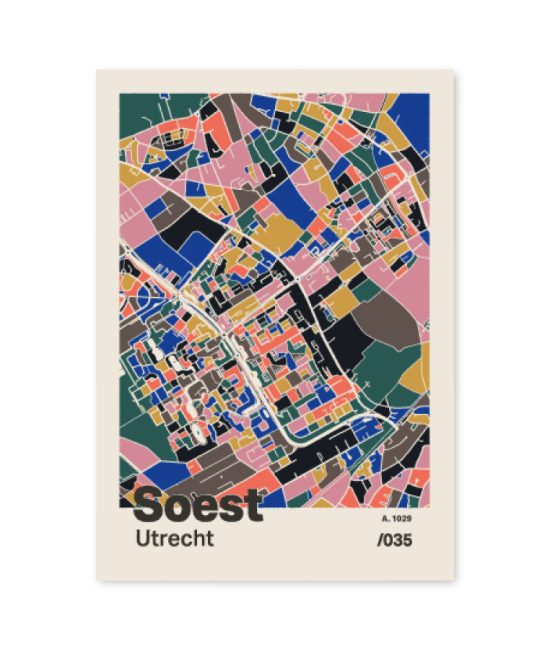 Plattegrond poster Licht Soest mozaiek stl 05 mockup A6 schaduw voorkant | Funky Fellow