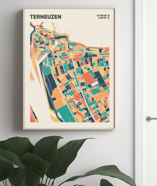 Plattegrond poster Licht Terneuzen mozaiek stl 01 Mockup muur plant lijst 04 | Funky Fellow
