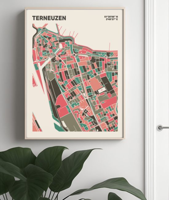 Plattegrond poster Licht Terneuzen mozaiek stl 02 Mockup muur plant lijst 04 | Funky Fellow