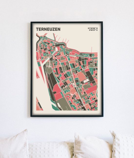Plattegrond poster Licht Terneuzen mozaiek stl 02 mockup lijst muur bank 02 | Funky Fellow